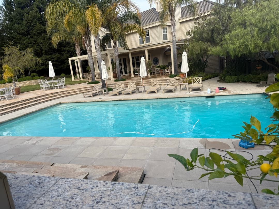 Large luxury estate pool with sparkling blue water lounge chairs and palm trees after professional pool cleaning service